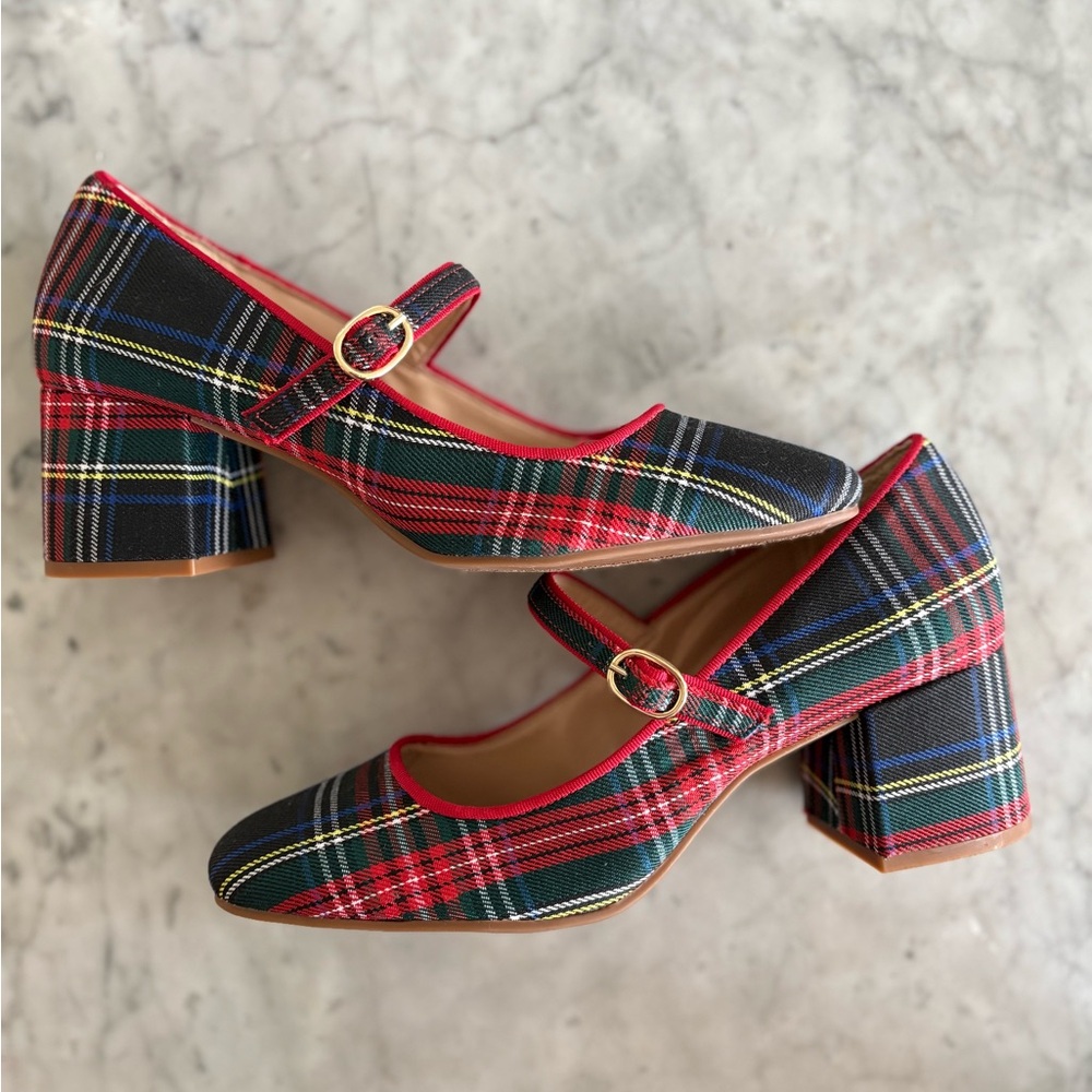 Copper Key Plaid Mary Jane Block Heels